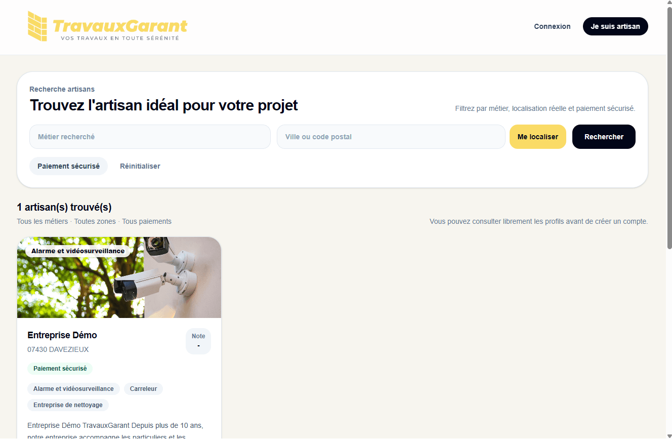 Aperçu de la plateforme TravauxGarant